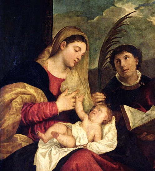 Madonna and Child with SS. Stephen, Jerome and Maurice (detail of 108505) van Tizian (eigentl. Tiziano Vercellio)
