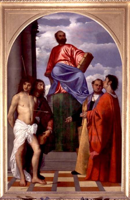 St. Mark with SS. Sebastian, Roch, Cosmas and Damian van Tizian (eigentl. Tiziano Vercellio)