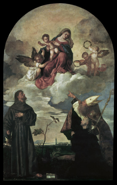 Titian / Mary with child and saints van Tizian (eigentl. Tiziano Vercellio)