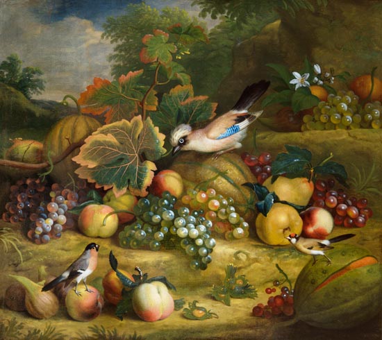 Obststilleben mit Eichelhäher und Finken in einer Landschaft. van Tobias Stranover