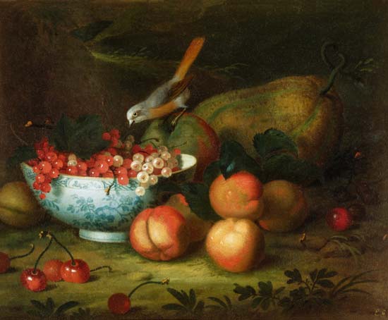Still Life of fruit with a Finch van Tobias Stranover