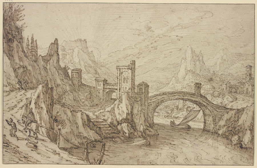 Felsiges Flußtal, im Vordergrund eine Bogenbrücke, rechts eine Stadt van Tobias Verhaecht