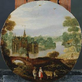 A wooded river landscape with a castle and travellers conversing
