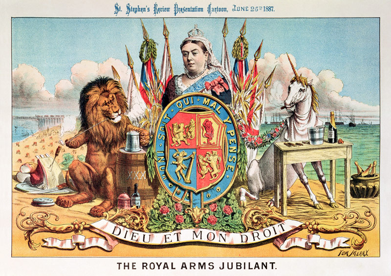 The Royal Arms Jubilant, from 'St. Stephen's Review Presentation Cartoon', 25 June 1887 (colour lith van Tom Merry