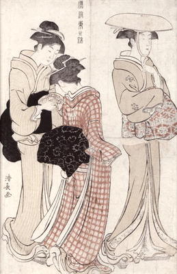 Young woman wearing a wide straw hat, followed by a servant and a companion carrying a 'furoshiki', van Torii Kiyonaga