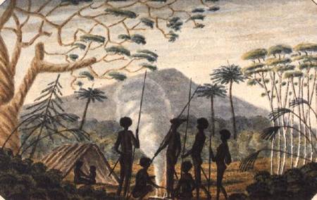 Group of aborigines around a campfire van T.R. Browne