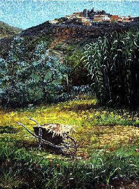 Wheelbarrow, Montecatini, Tuscany (oil on canvas) 