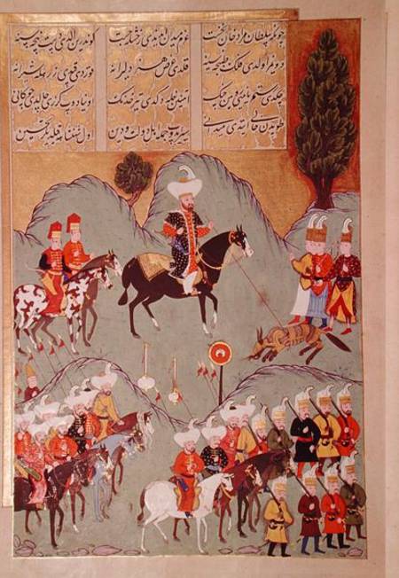 Sultan Murad I (c.1326-1389) hunting a wolf, from 'Hunernama' (Mss Hazine. 1524 f.83v) van Turkish School