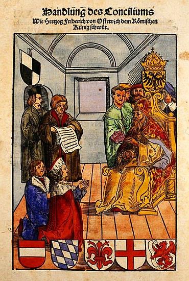 Frederick IV, Duke of Austria, declaring his fealty to the Emperor at the Council of Constance, from van Ulrich von Richental