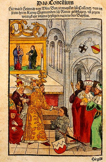 Henry of Ulm is awarded his knighthood the Emperor at the Council of Constance, from ''Chronik des K van Ulrich von Richental