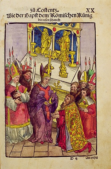 Pope Martin V gives Sigismund the symbolic gift of the Golden Rose at the Council of Constance, from van Ulrich von Richental