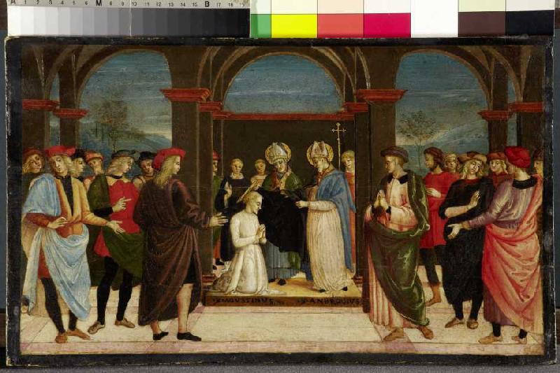 Die Einkleidung des heiligen Augustinus durch den heiligen Ambrosius van um 1500 (Perugino-Nachfolge) Meister
