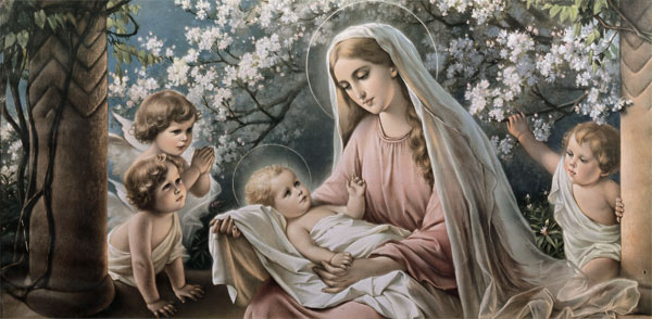 Maria unter Kirschblüten mit Jesuskind und Engeln van (rond 1900) Anoniem