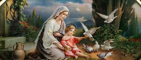 Maria und das Jesuskind mit Tauben spielend in einer idealisierten Landschaft