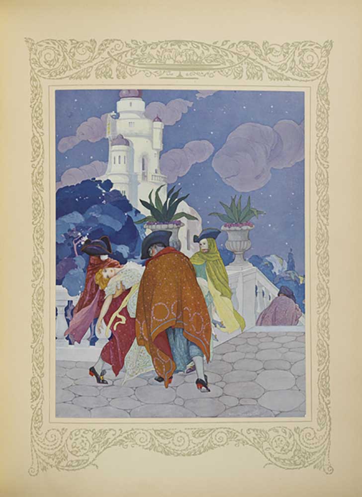 Four masked men carried her to the top of the tower, illustration from Contes du Temps Jadis, or Tal van Umberto Brunelleschi
