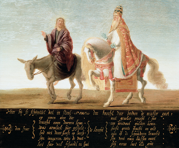 Christ on a donkey, the pope on horseback van Unbekannter Künstler