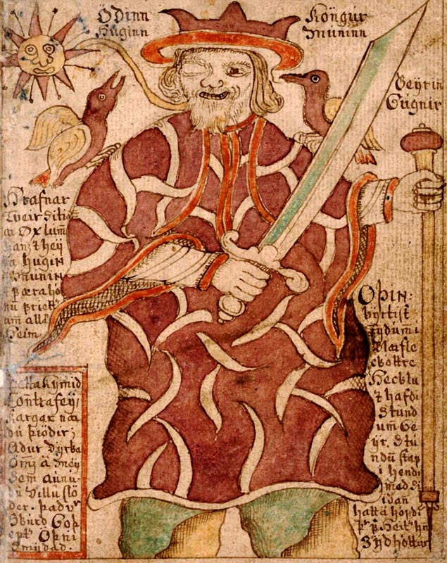 Odin with his ravens Hugin and Munin and his weapons (from the Icelandic Manuscript SÁM 66) van Unbekannter Künstler