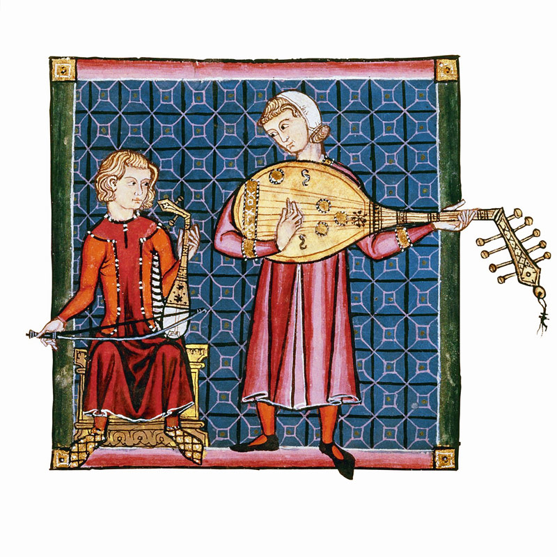 Two minstrels. Illustration from the codex of the Cantigas de Santa Maria van Unbekannter Künstler