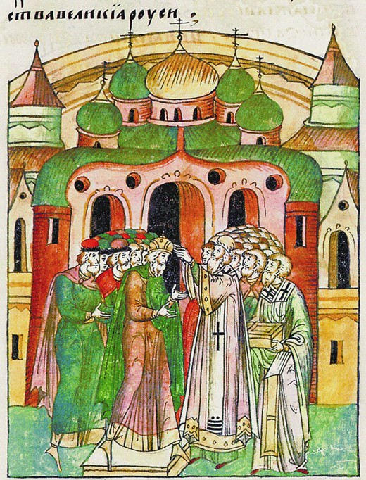 Vladimir Vsevolodovich crowned by Bishop Neophytos with Monomakh's Cap. (From the Illuminated Compil van Unbekannter Künstler