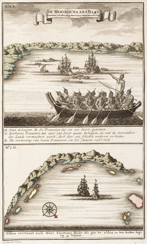 View of the bay with Maori on the coast of New Zealand. The voyage of Abel Tasman in 1642 van Unbekannter Künstler