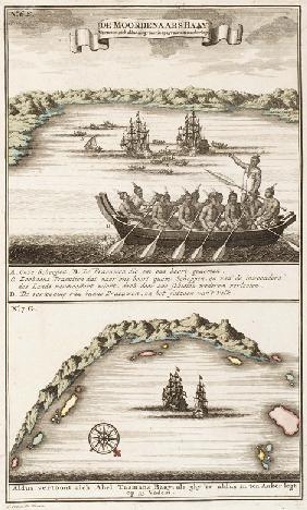 View of the bay with Maori on the coast of New Zealand. The voyage of Abel Tasman in 1642