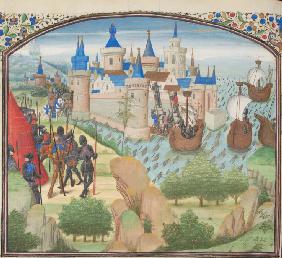 The capture of Constantinople by land and sea in 1204. Miniature from the "Historia" by William of T