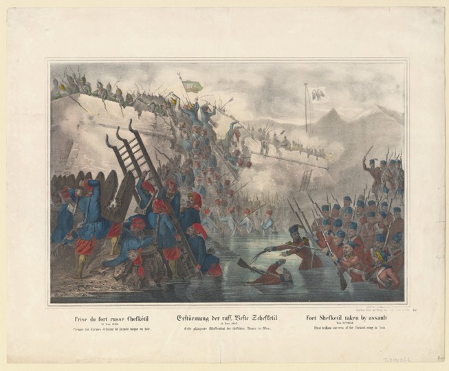 Turkish troops storming Fort Shefketil on November 15, 1853 van Unbekannter Künstler