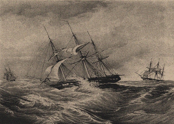 The frigate Kreiser and the sloop Ladoga at the coast of America 1823 van Unbekannter Künstler