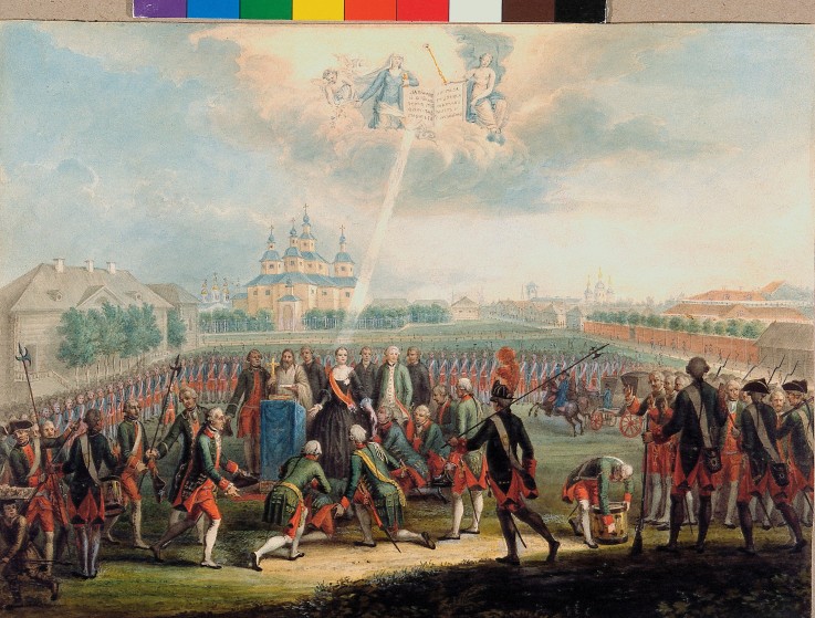 Catherine II Greeted by the Izmaylovsky Lifeguard regiment on the Day of the Palace Revolution on Ju van Unbekannter Künstler