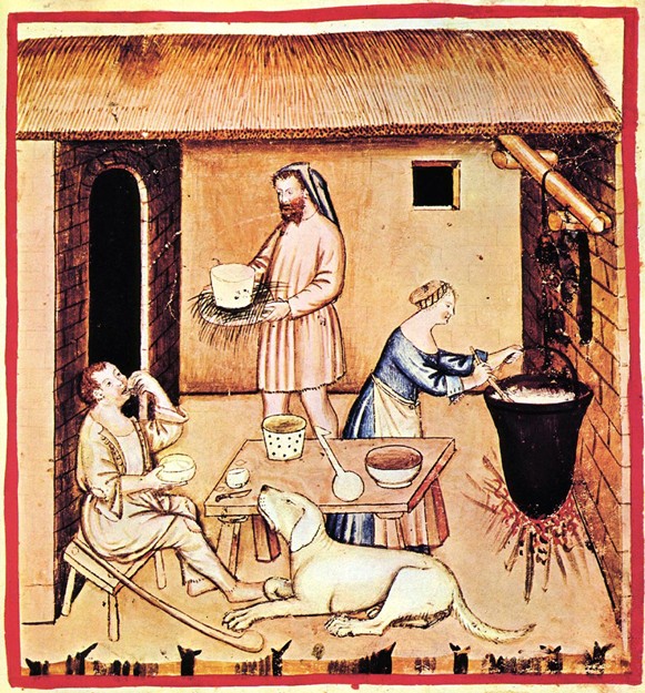 The production of cheese. A miniature from Tacuinum Sanitatis van Unbekannter Künstler