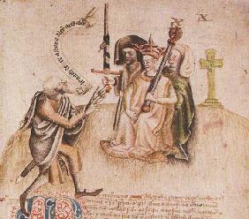 Coronation of King Alexander III on Moot Hill, Scone. From manuscript of the Scotichronicon by Walte