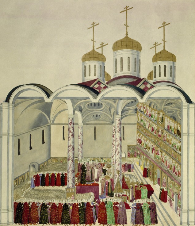 The Coronation of the Tsar Mikhail Feodorovich (Michael I)  in the Moscow Kremlin on 11th July 1613 van Unbekannter Künstler
