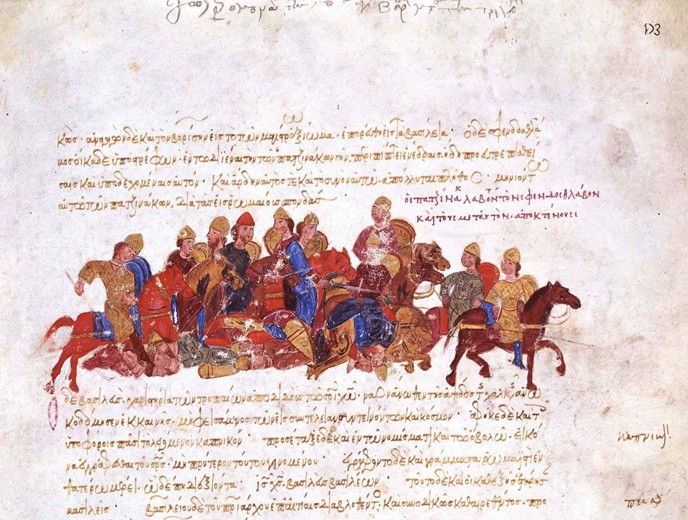 The Pechenegs in the fight against warriors of Svyatoslav I (Miniature from the Madrid Skylitzes) van Unbekannter Künstler