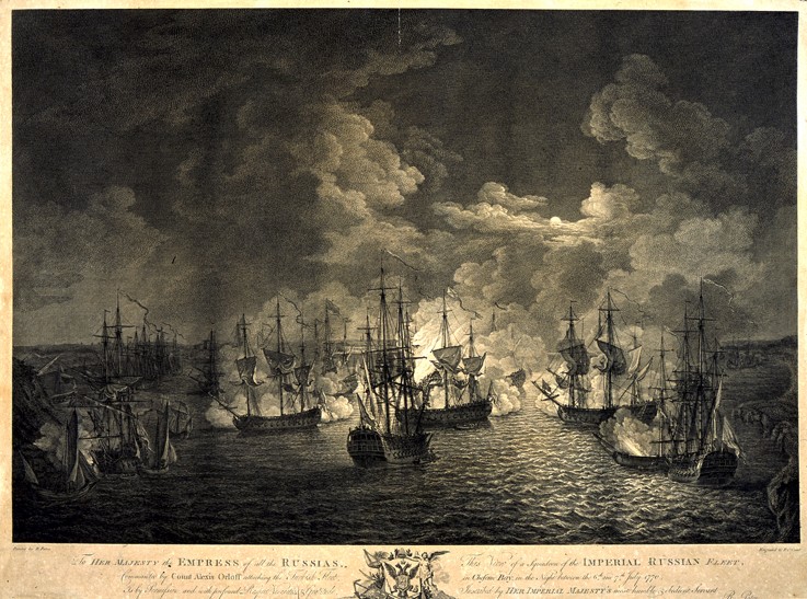 The naval Battle of Chesma on the night 26 July 1770 van Unbekannter Künstler
