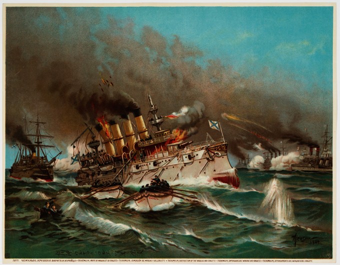 Sinking of Russian cruiser Varyag at Battle of Chemulpo Bay van Unbekannter Künstler