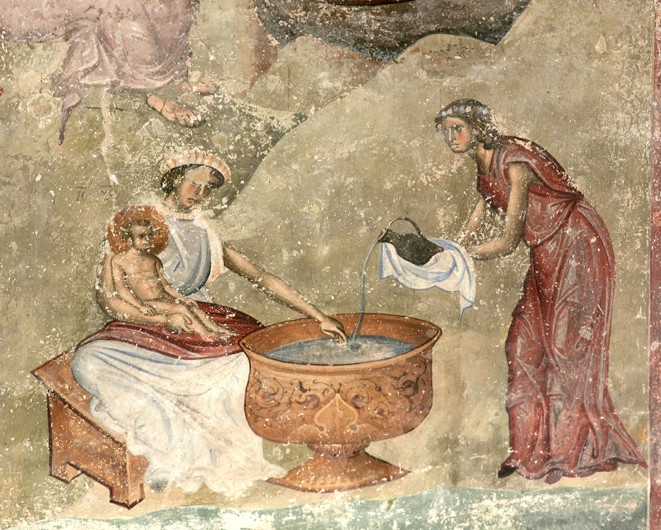 The washing of the child in the nativity scene van Unbekannter Künstler