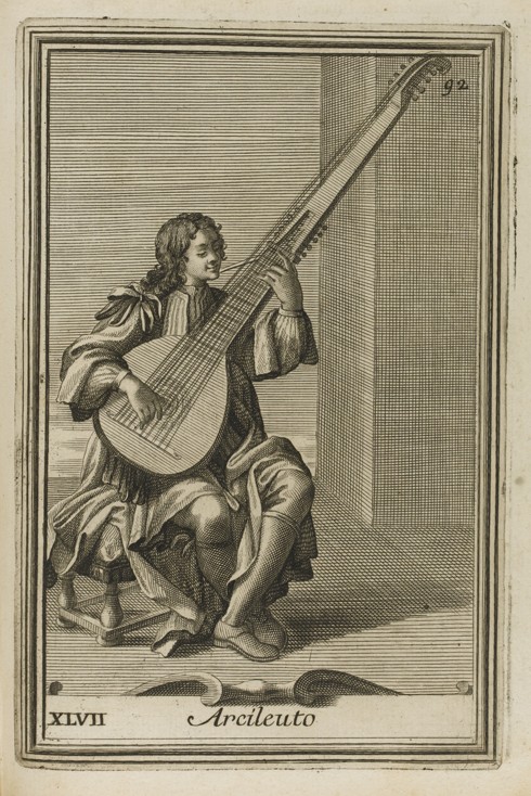 Archlute. Illustration from Gabinetto armonico pieno d'instrumenti sonori by Filippo Bonanni van Unbekannter Künstler