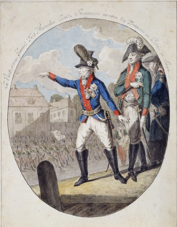 Field Marshal A. Suvorov inspecting the troops before the Elector of Saxony Palace in Warsaw in 1794 van Unbekannter Künstler