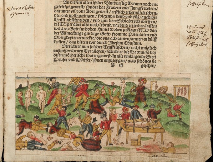 Russian atrocities in Livonia in 1578. From Johann Jakob Wick's Sammlung von Nachrichten... van Unbekannter Künstler