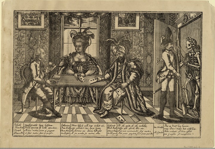 Joseph II, Catherine the Great and Sultan Abdul Hamid I playing cards van Unbekannter Künstler