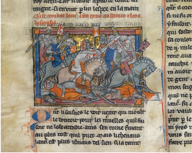 King Arthur fighting the Saxons (from the Rochefoucauld Grail) van Unbekannter Künstler