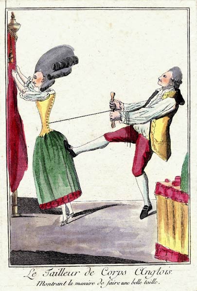 Tailor pulling tight the corset of an Englishwoman van Unbekannter Künstler
