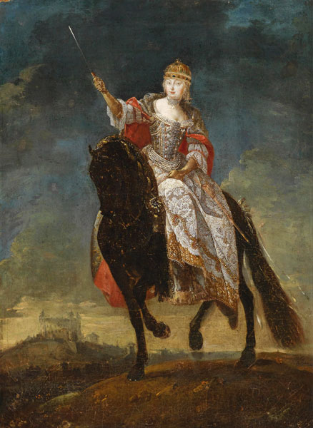 Maria Theresia as Queen of Hungary on the crowning hill of Pressburg van Unbekannter Künstler