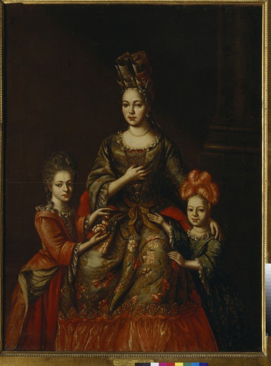 Portrait of Anastasiya Yakovlevna Naryshkina with children Alexandra Kirillovna und Tatyana Kirillov van Unbekannter Künstler