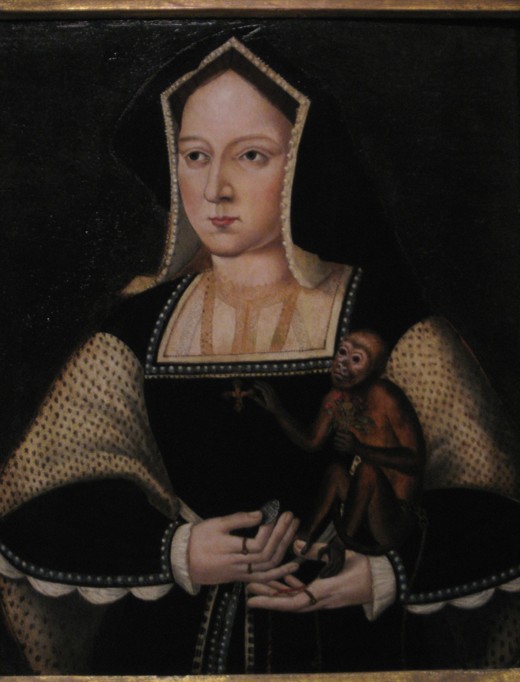 Portrait of Catherine of Aragon, with her pet monkey (Copy After Lucas Horenbout) van Unbekannter Künstler