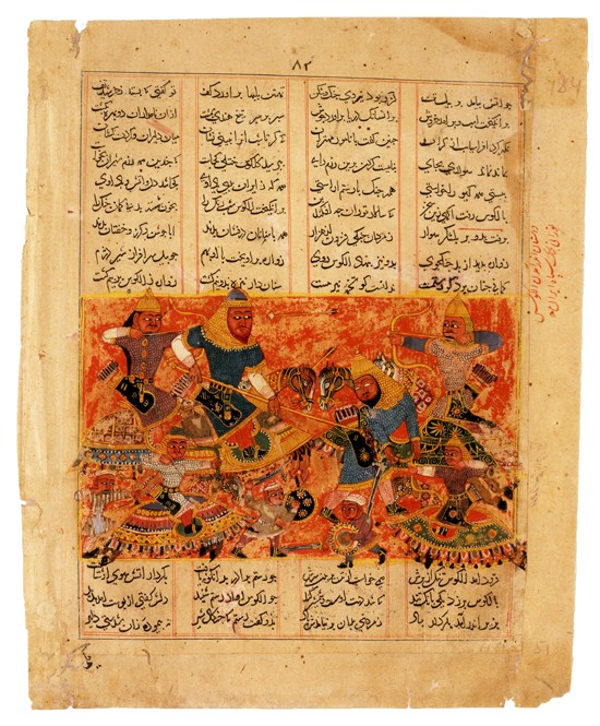 Rustam Kills the Turanian Hero Alkus with his Lance (Manuscript illumination from the epic Shahname  van Unbekannter Künstler