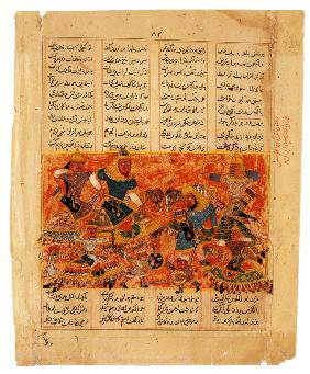 Rustam Kills the Turanian Hero Alkus with his Lance (Manuscript illumination from the epic Shahname 