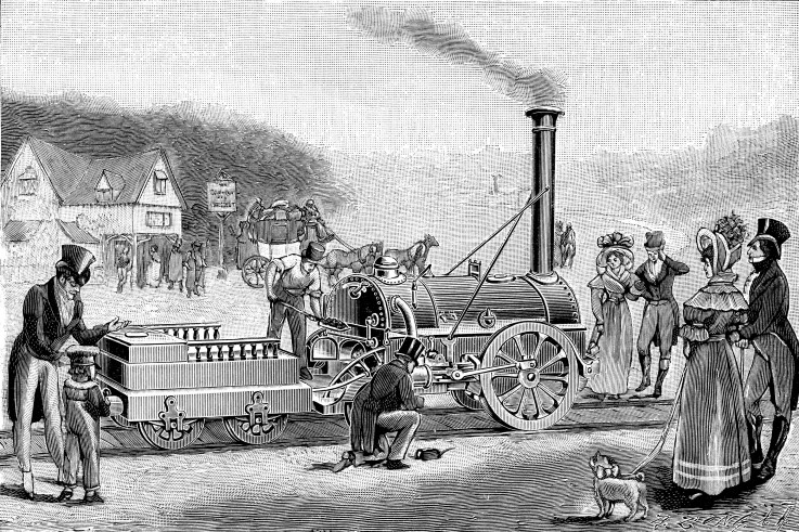 Stephenson's steam locomotive "Rocket" in 1830 van Unbekannter Künstler