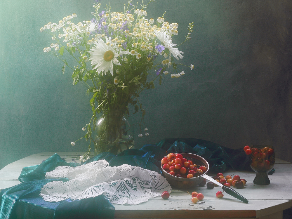 Still life with Cherry and Chamomiles van UstinaGreen