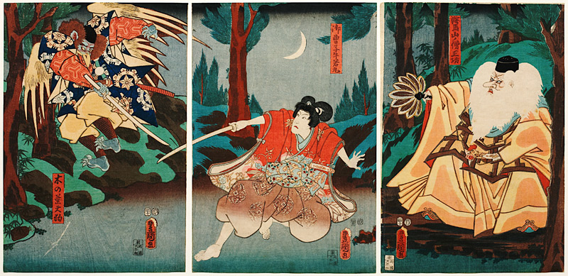 Tengu-Abtkönig Sojobo erteilt Ushiwakamaru Fechtunterricht van Utagawa Kunisada